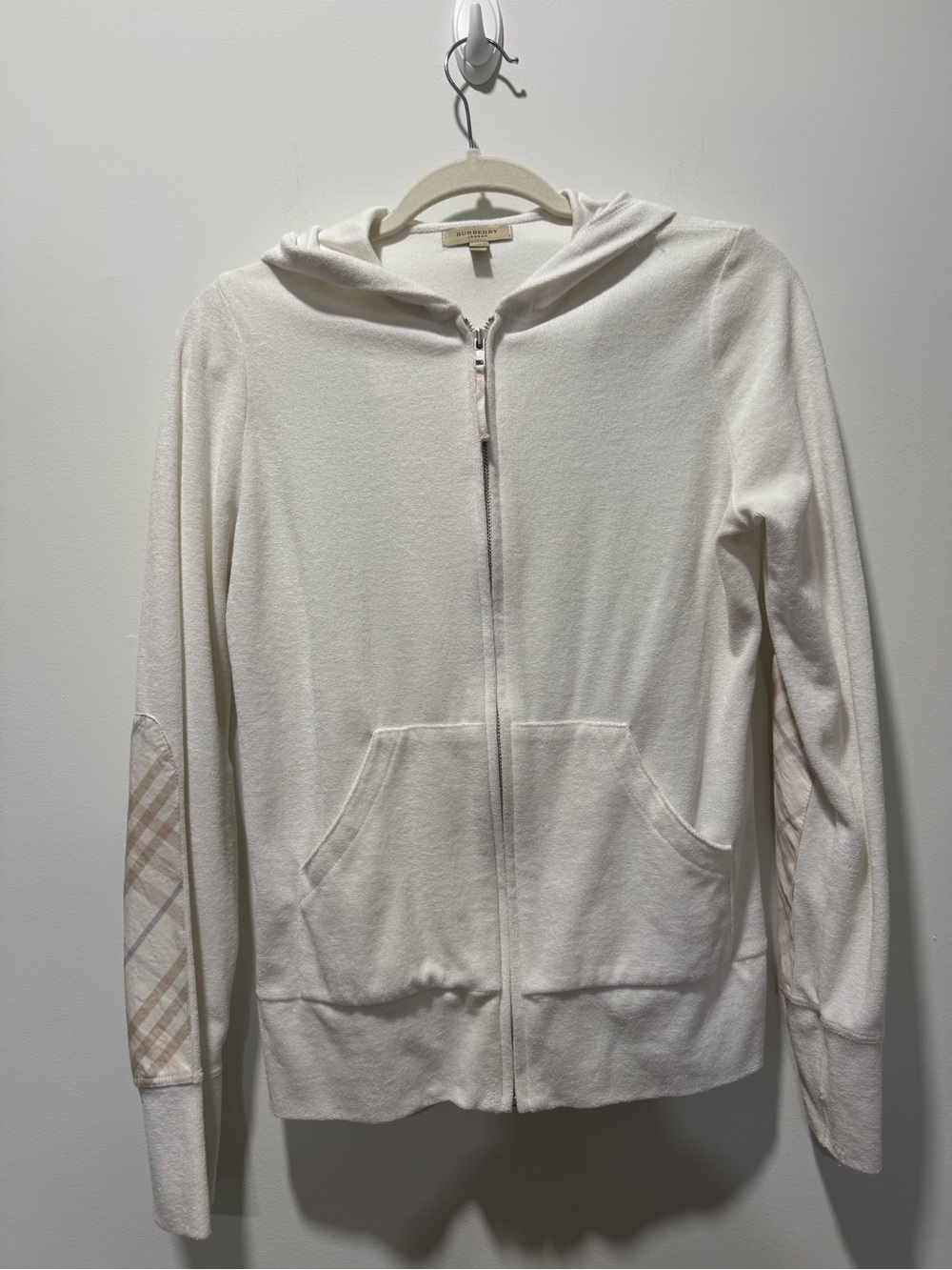 Burberry Cream Zip Hoodie with Plaid Elbow Panels | Size Small